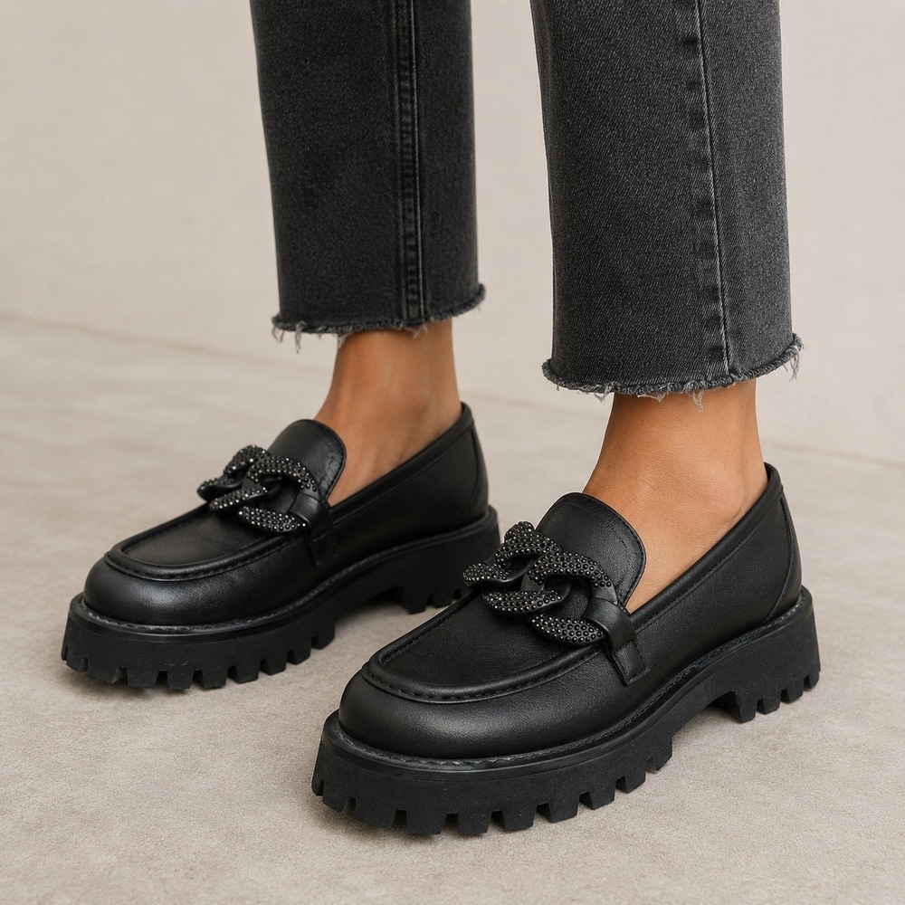 Karl Lagerfeld Paris Giana Black Leather Crystal Chain Lug Sole Platform Loafers